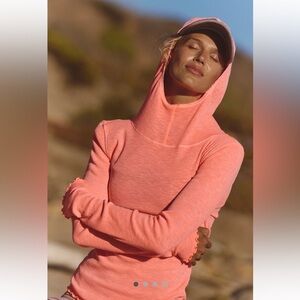 Free People Hooded Layer Top Size XL Neon Coral Long Sleeve Funnel Neckline